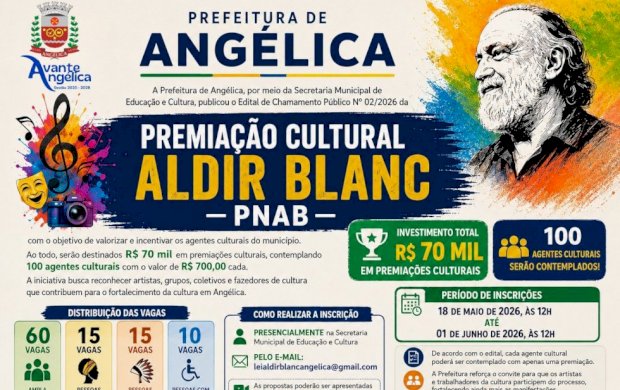 Prefeitura de Angelica abre inscrições para Premiação Cultural Aldir Blanc - PNAB
