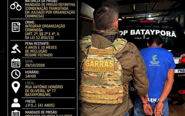 Batayporã: Policia Civil cumpre de mandado de prisão definitiva um homem de 41 anos, condenado definitivamente pelo crime de integrar organização criminosa armada