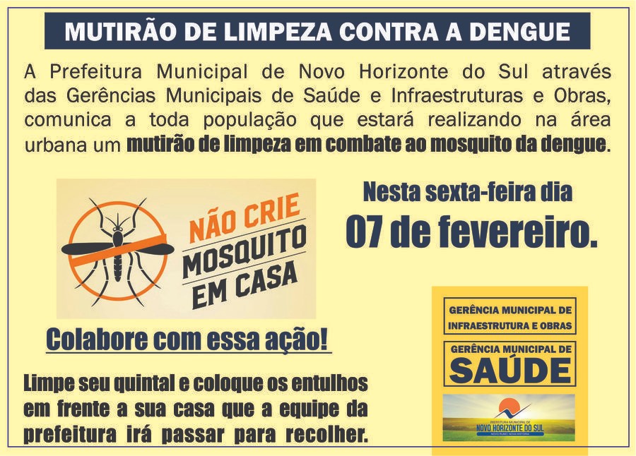 PREFEITURA DE NOVO HORIZONTE DO SUL REALIZARÁ MUTIRÃO DE LIMPEZA PARA COMBATER A DENGUE