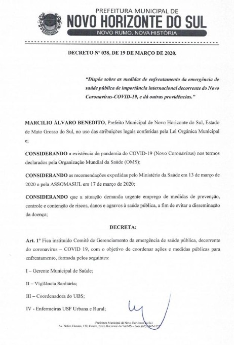 NOVO HORIZONTE DO SUL - DECRETO N° 038, DE 19 DE MARÇO DE 2020.