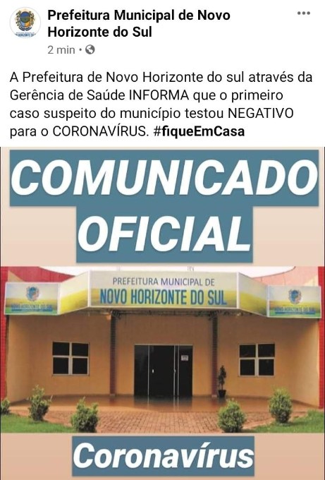 Novo Horizonte do Sul - Caso suspeito COVID-19 testou negativo.