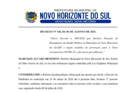PREFEITURA DE NOVO HORIZONTE DO SUL PUBLICA DECRETO DE FLEXIBILIZAÇÃO A COVID-19