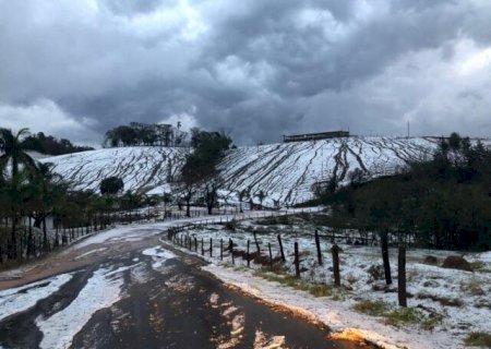 Chuva de granizo deixa chão coberto de gelo e causa prejuízo em Minas Gerais