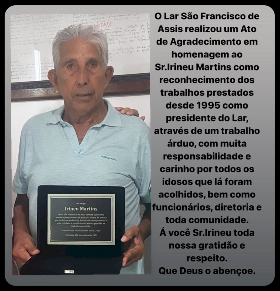 Ivinhema - Neste sábado aniversário se Irineu Martins completa 82 anos