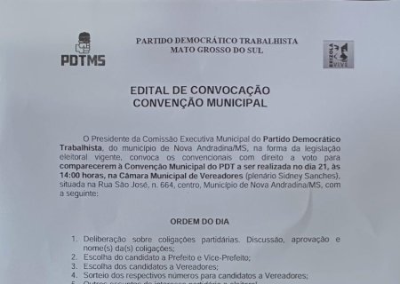 Nova Andradina - PDT marca convenção para lançar candidatos a prefeito, vice, vereadores e coligações