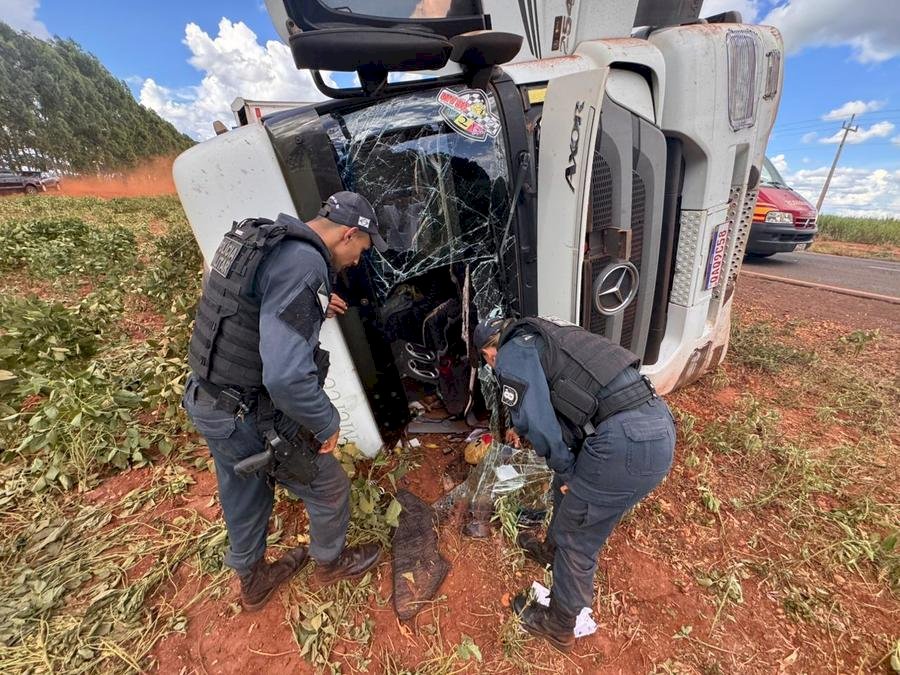 Condutor perde controle de direção e carreta carregada com gado tomba próximo ao aeródromo de Nova Andradina