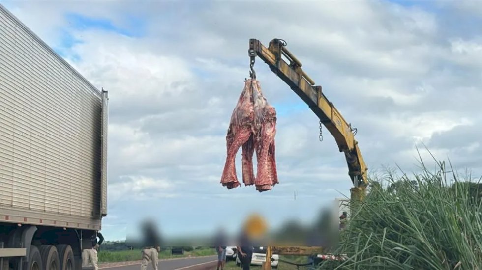 Caminhão com carga de carne tomba na BR-163 e carga é resgatada
